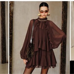 Commense 2 Piece Chocolate Long Sleeve Chiffon Dress & Cape